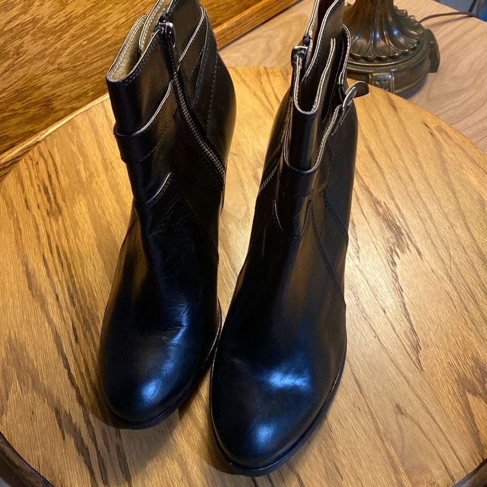 Frye Black Heeled Boots with Chunky Heel and Strap Detail, excellent condition